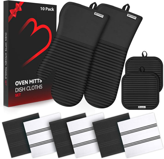 Skiennix Oven Mitts and Pot Holder Set - 500°F Heat Resistant Silicone Grip | 6 Pack Cotton Dish Towels - Black Kitchen Essentials