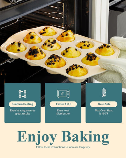 Sunshine Cream Nonstick Muffin Pan - 12 Silicone Baking Cups, Easy to Clean & Dishwasher Safe
