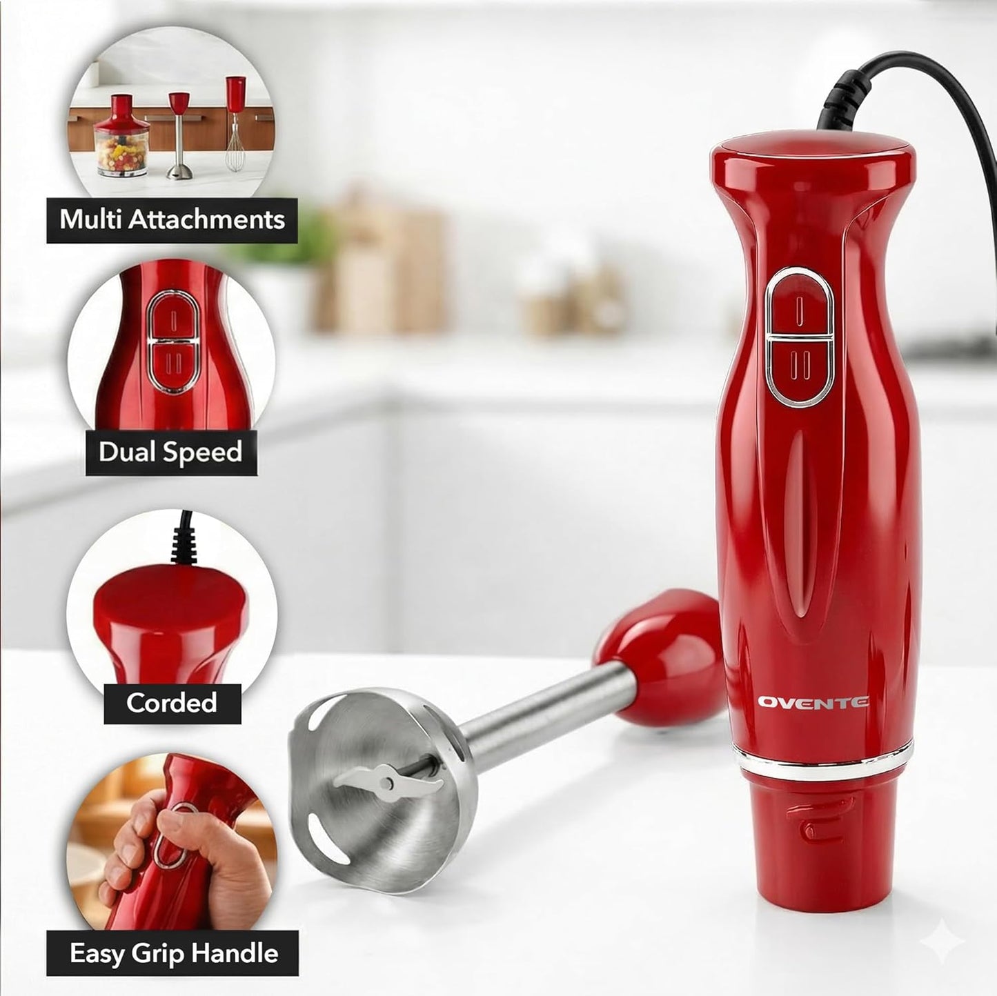OVENTE Immersion Hand Blender Set - 300W Electric Stick Mixer with Stainless Steel Blades & Accessories, Red HS565R