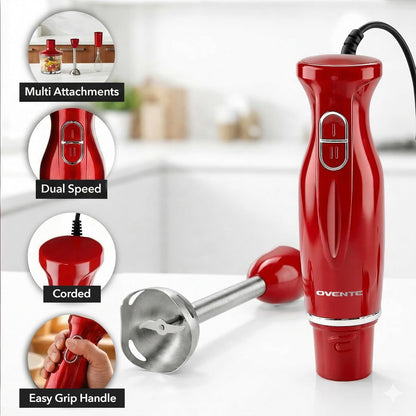 OVENTE Immersion Hand Blender Set - 300W Electric Stick Mixer with Stainless Steel Blades & Accessories, Red HS565R