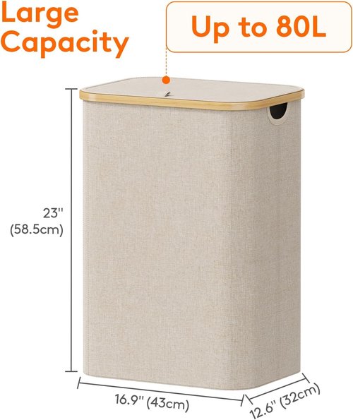 Lifewit 80L Laundry Basket - Foldable Hamper with Lid & Bamboo Handles | Beige, Removable Bag Included