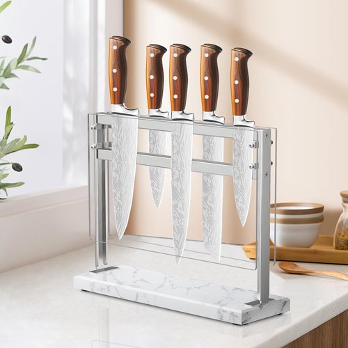 HomeSimplex Acrylic Shield Magnetic Knife Block Holder - Marble Base Magnetic Knife Stand for Counter Top -Double Sided Magnetic Knife Holder -Stainless Steel Kitchen Knife Block without Knives -White