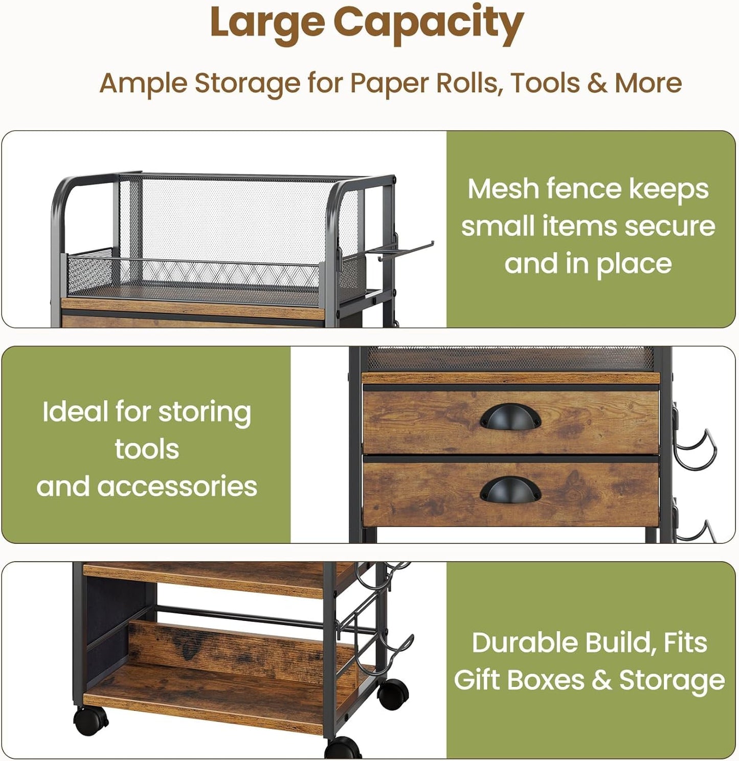 Wrapping Paper Storage Cart - Regine Switzerland Organizer with 2 Fabric Drawers & Lockable Wheels