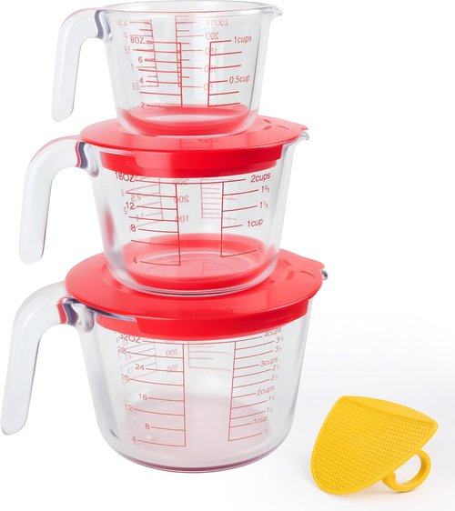 Glass Measuring Cups Set by [Brand Name] - 6 Pcs with Lids & Strainer | Easy-Grip Handles, Nesting Design