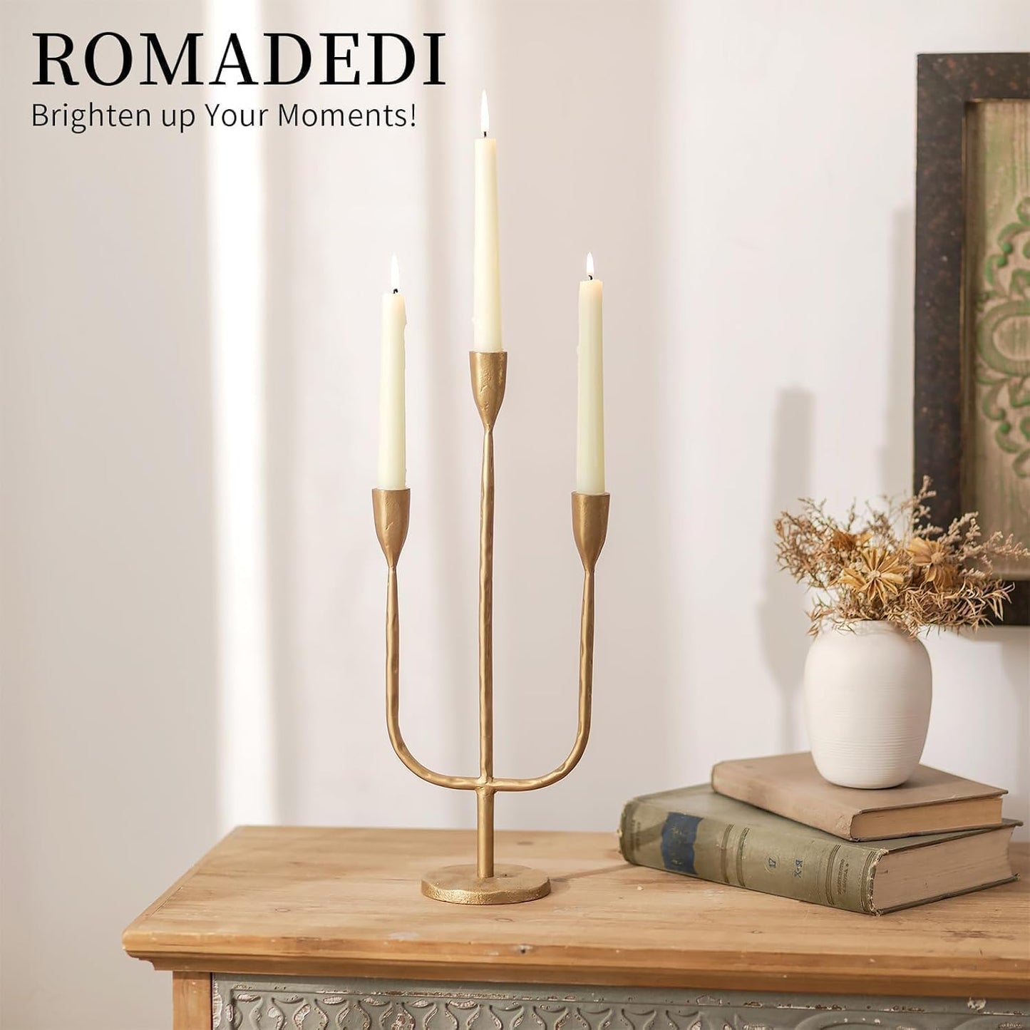 Romadedi Brass Candelabra - Vintage Gold Taper Candle Holders for Elegant Table Centerpieces | Tall Iron Design