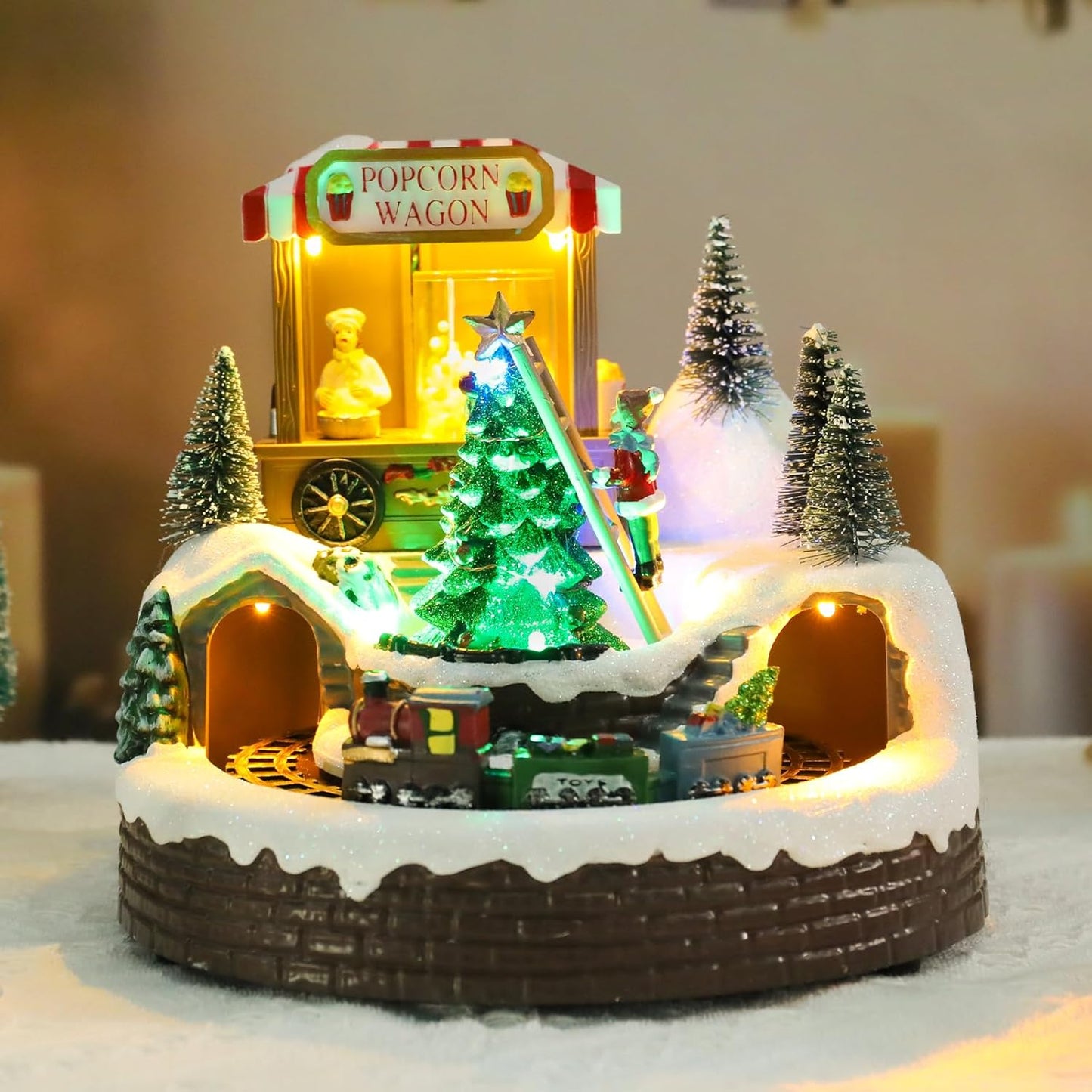 Afirst Christmas Village Houses - Lighted Musical Train Set with Popcorn Wagon & Rotating Xmas Tree | Indoor Display Decor