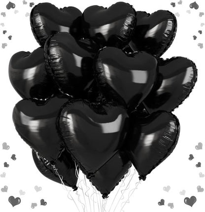 Black Heart Balloons - 18 Inch Romantic Foil Balloons | 12PCS Large Helium Balloons for Weddings & Parties