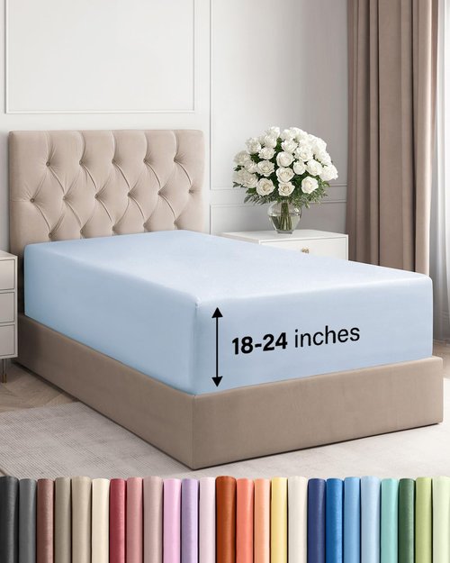 Extra Deep Twin XL Fitted Sheet - Hotel Luxury Single Fitted Sheet Only - Easily Fits 18 inch to 24 inch Mattress - Ultra Soft, Wrinkle & Fade Free w/Extra Deep Pocket - Breathable & Comfy - Sky Blue