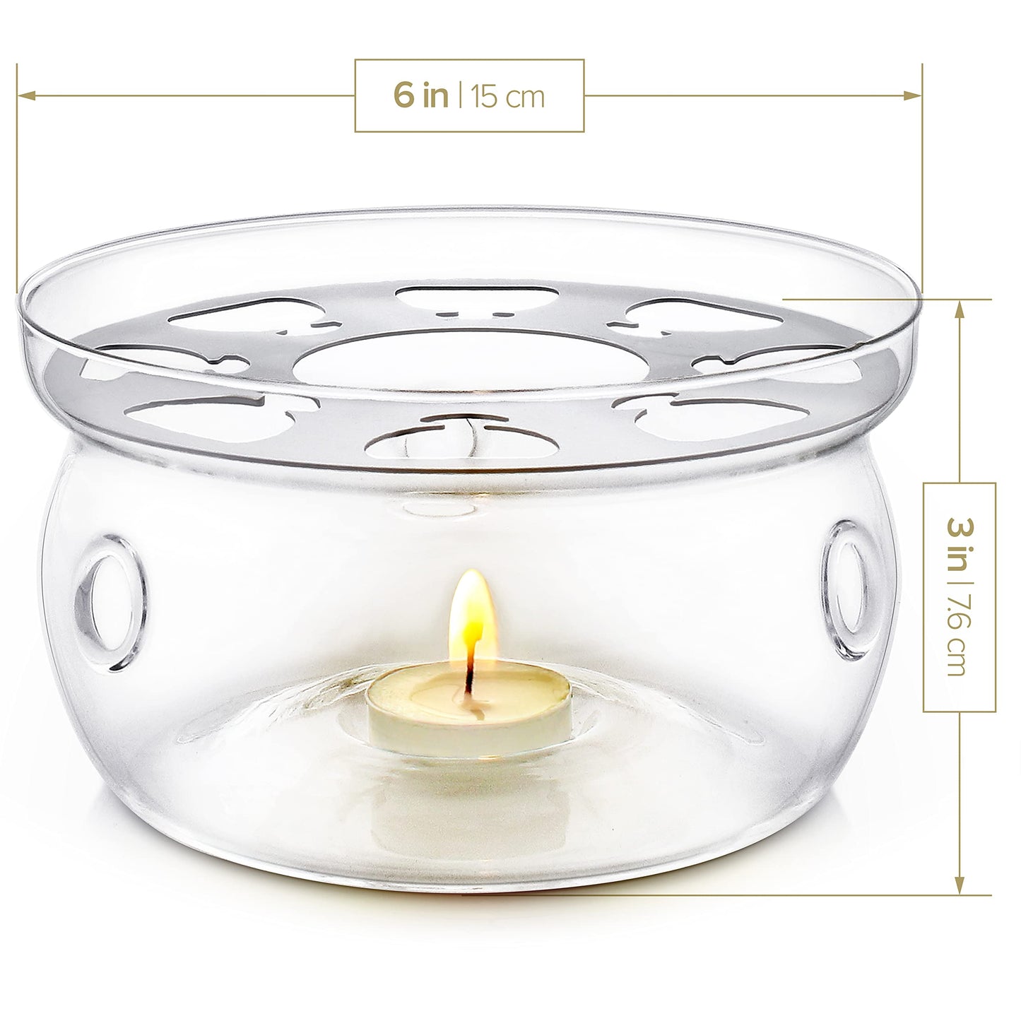 Teabloom Universal Tea Warmer (Large Size - 6 in / 15 cm Diameter) - Handcrafted with Heat Proof & Lead-Free Glass - Tealight Candle Included