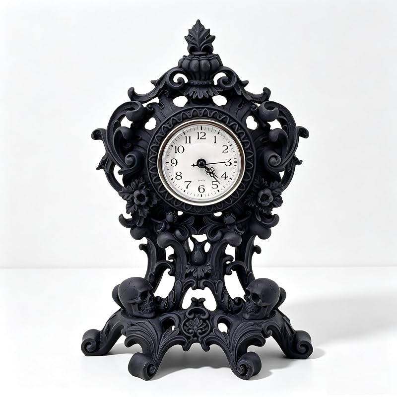 Halloween Skull Wall Clock - Resin Skeleton Tabletop Clock, Black Variant
