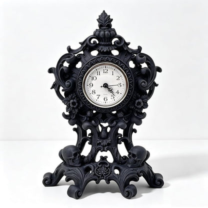Halloween Skull Wall Clock - Resin Skeleton Tabletop Clock, Black Variant
