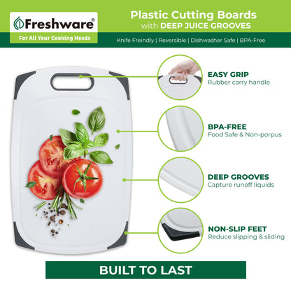 Plastic Cutting Boards for Kitchen, Cutting Board Set of 3, Juice Grooves with Easy Grip Handle, BPA-Free, Non-Porous, Dishwasher Safe, White