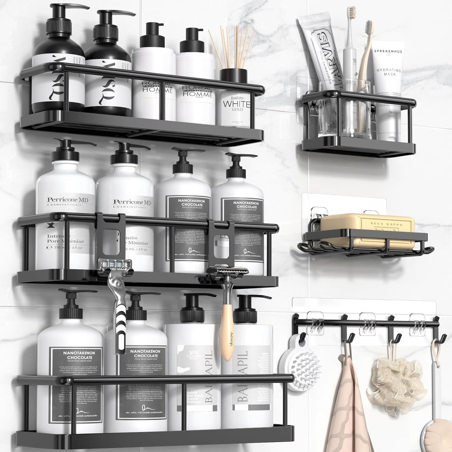 YASONIC Shower Caddy - 100% Rustproof Adhesive Organizer with Soap Holder | 6-Pack Large Capacity Shelves