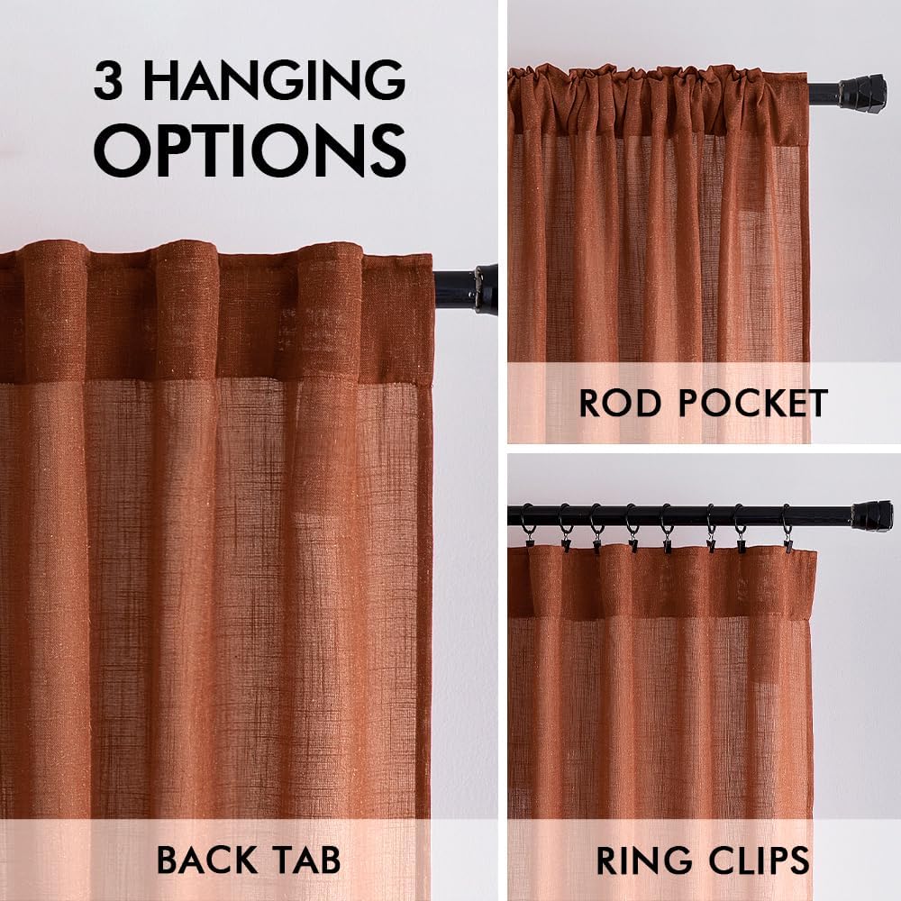 MIULEE Linen Curtains - 96-Inch Light Filtering Semi-Sheer Drapes | Burnt Orange Rust, 2 Panels for Living Room