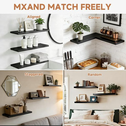 Duvique Easy Install Floating Shelves, 15.7 Inch Wall Mounted Wooden Shelf, Small Hanging Shelf for Home Decor, Books and Storage, Organizer for Bedroom, Bathroom, Kitchen, Set of 3, Black