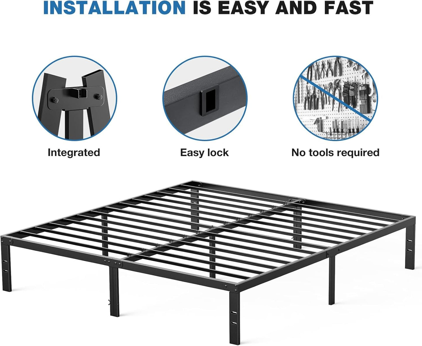 OLIXIS Metal Queen Bed Frame - 14-Inch High with Storage Space & Sturdy Steel Slat Support | Heavy Duty, Easy Assembly, Black