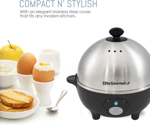 Elite Gourmet EGC-508 Rapid Egg Cooker - 7 Egg Capacity, Auto Shut-Off, Stainless Steel Design | Recipe Book Included