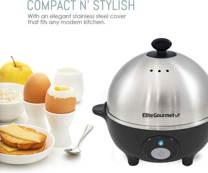Elite Gourmet EGC-508 Rapid Egg Cooker - 7 Egg Capacity, Auto Shut-Off, Stainless Steel Design | Recipe Book Included