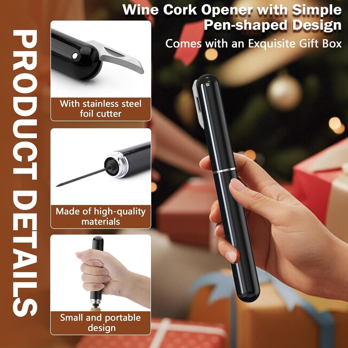 Wine Bottle Opener with Foil Cutter - NUCOKRS Air Pump Aeropop Corkscrew, Pen Style Opens in 3-7 Pumps, Effortless & No Damage to Cork, Compact Gift for Wine Lovers (Black)