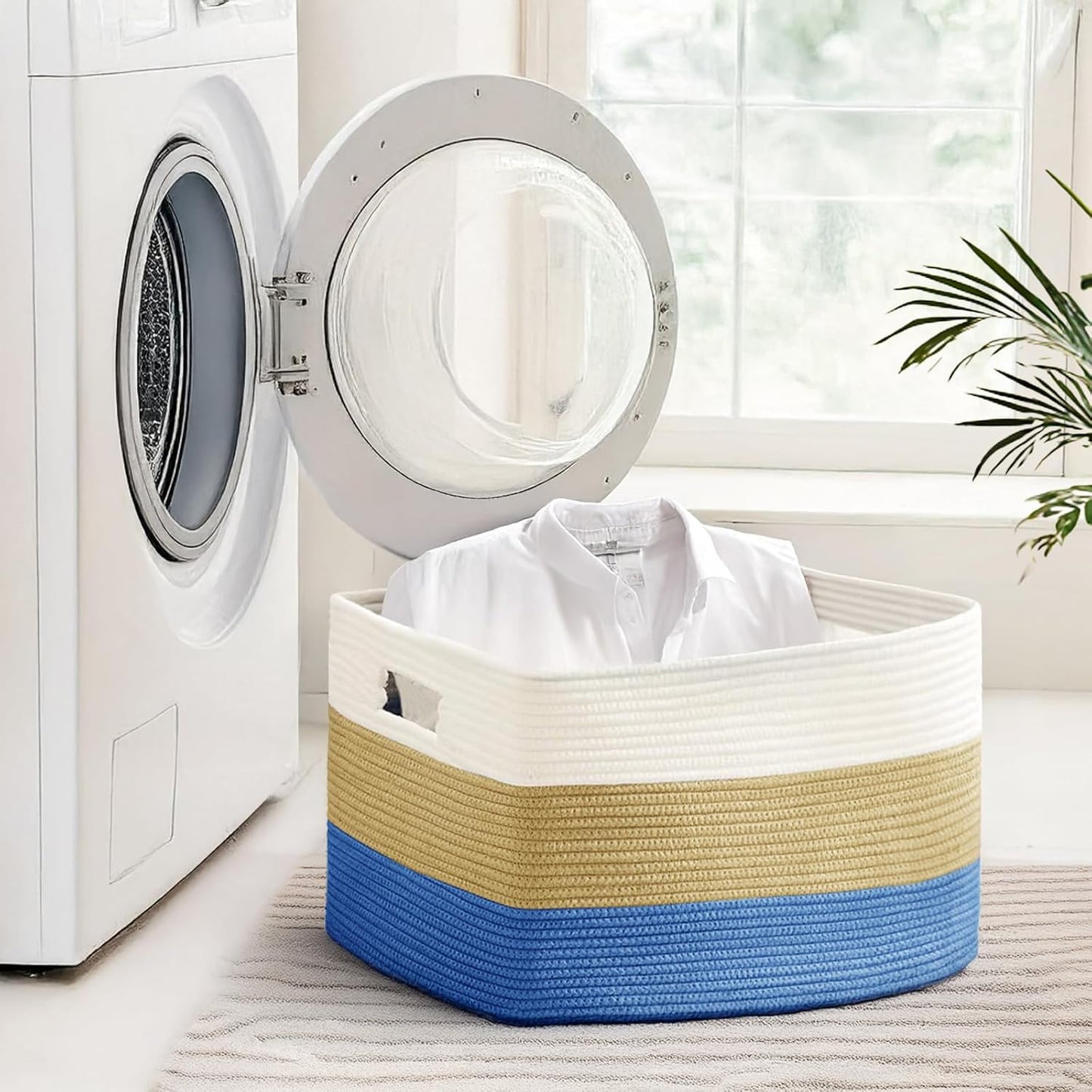 Skiennix Cotton Rope Basket - Large 72L Woven Storage for Blankets, Laundry, Toys | White & Dark Blue