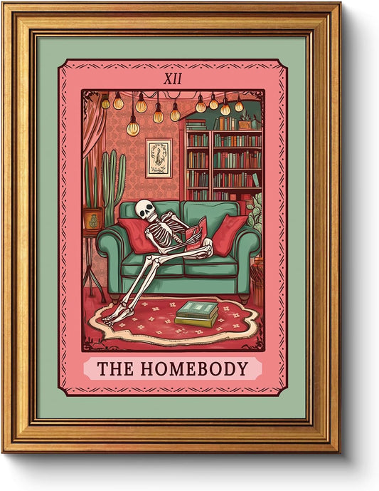 Vintage Spooky Wall Art - Cozy Home Scene Framed Print | 12x16 Halloween Skeleton Decor