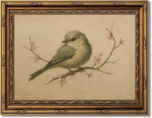Myzoran Gold Framed Bird Canvas Wall Art - Vintage Aesthetic Cherry Blossom Decor | 9x11in for Living Room & Nursery