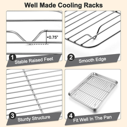 TeamFar Baking Sheet Set - 3 Stainless Steel Cookie Sheets with Racks | Non-Toxic, Heavy Duty, Dishwasher Safe, 19.6/16/12.5 Inch