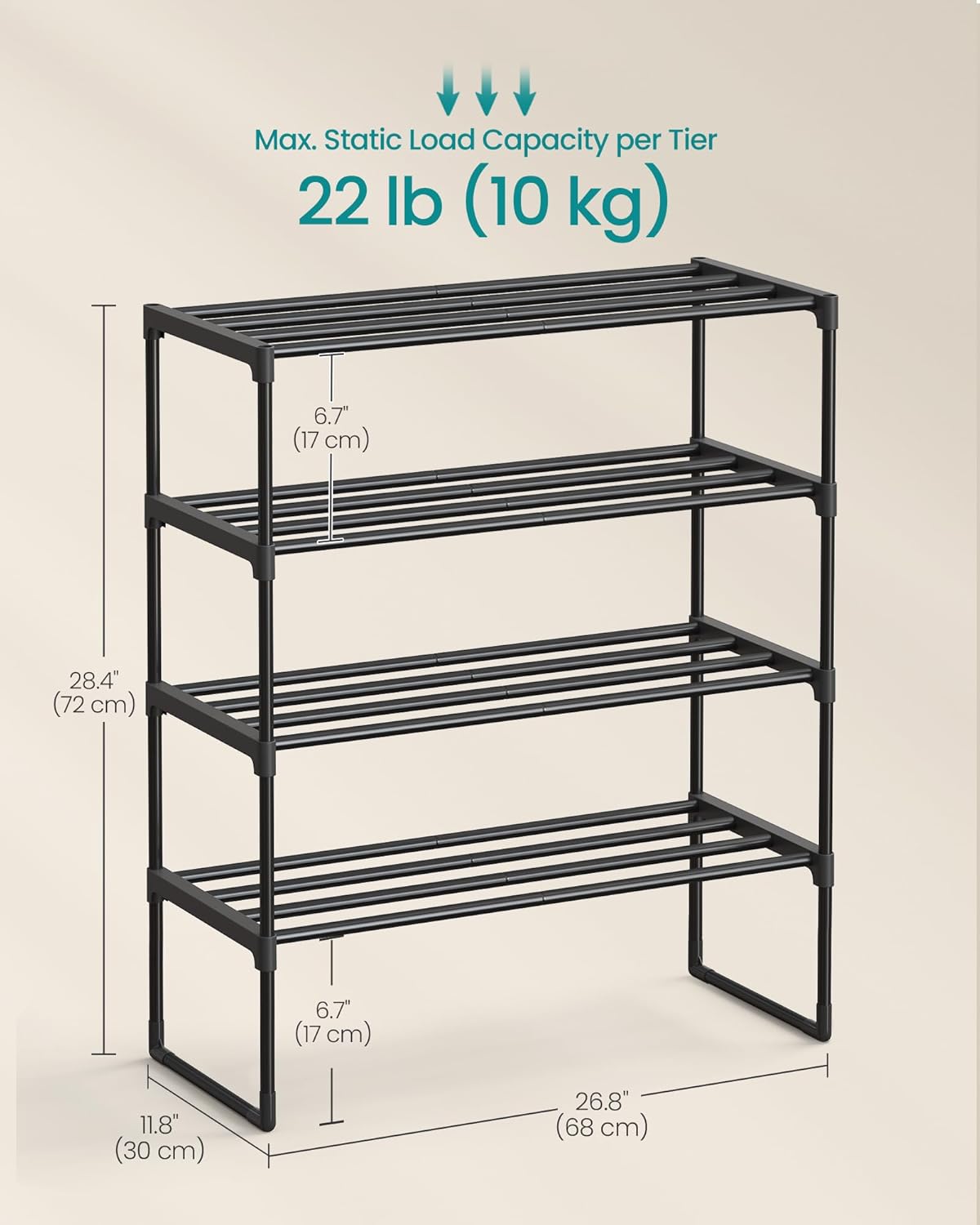 SONGMICS 4-Tier Shoe Rack - Stackable Metal Organizer for 10-15 Pairs | Black, 11.8 x 26.8 x 28.4 Inches