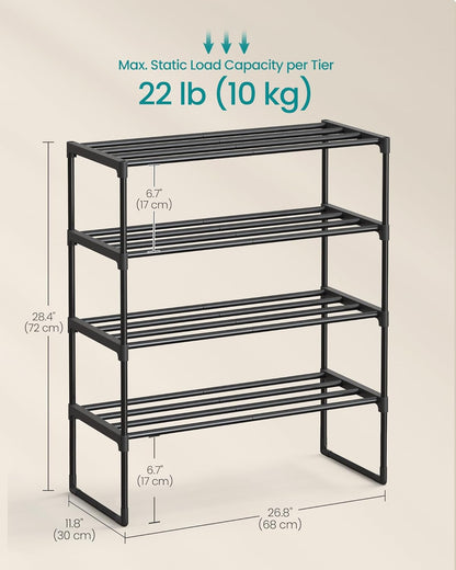 SONGMICS 4-Tier Shoe Rack - Stackable Metal Organizer for 10-15 Pairs | Black, 11.8 x 26.8 x 28.4 Inches