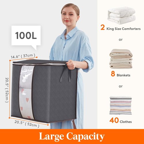 Lifewit 100L Clothes Storage Bins - 3 Pack Foldable Bags with Lids, Zippers & Clear Windows | Ideal for Organizing Clothing & Bedding