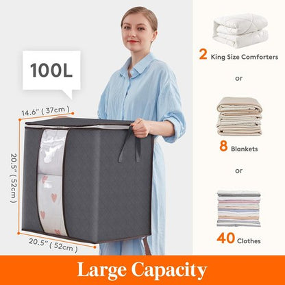 Lifewit 100L Clothes Storage Bins - 3 Pack Foldable Bags with Lids, Zippers & Clear Windows | Ideal for Organizing Clothing & Bedding