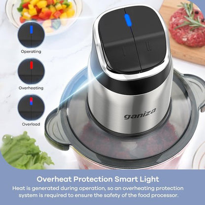 Ganiza Food Processor - 2-Speed Meat Grinder with 8-Cup Stainless Steel & Glass Bowls | Smart Overheat Protection