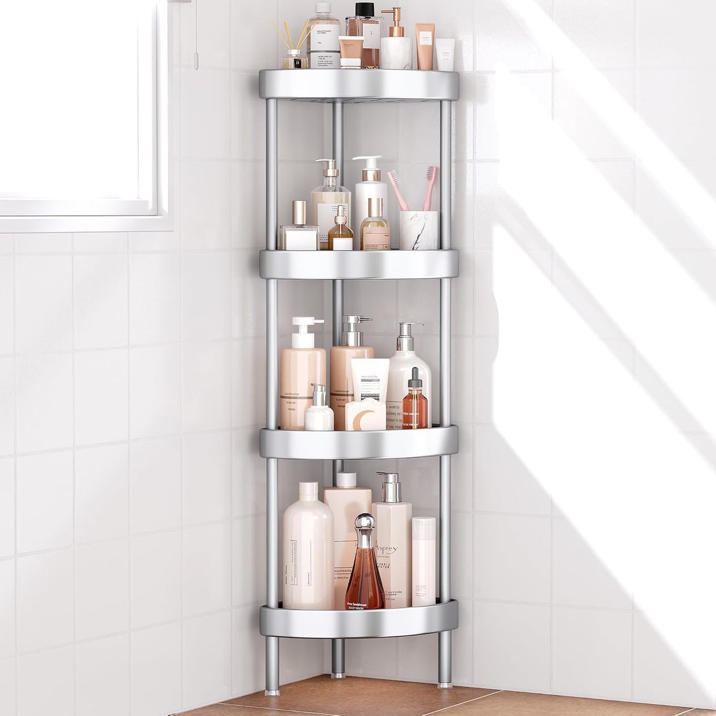 Nieifi Corner Shower Caddy Stand - 4-Tier Rustproof Aluminum Organizer | Height-Adjustable Legs for Stability - Silver