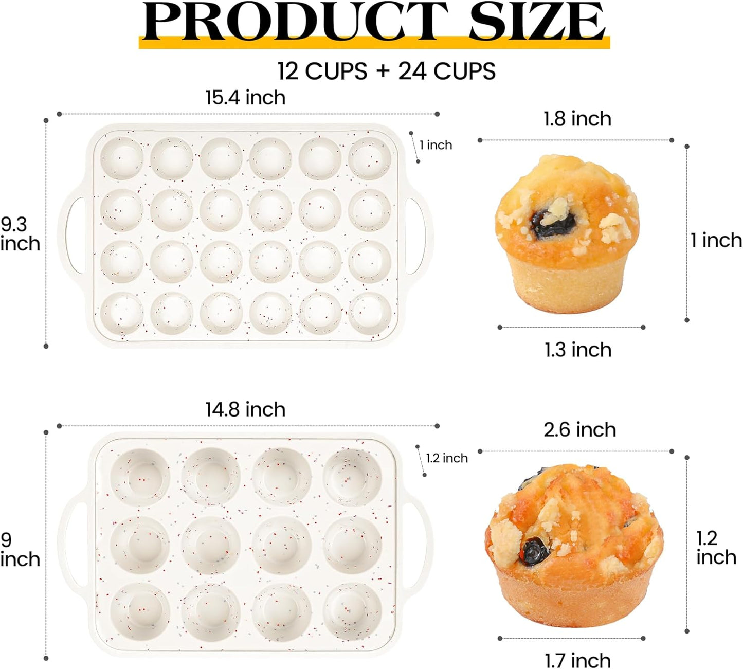 Skiennix Silicone Cupcake Pan Set - Nonstick 12 Cup & Mini 24 Cup Muffin Molds | BPA Free, Cream Color (2 Pcs)