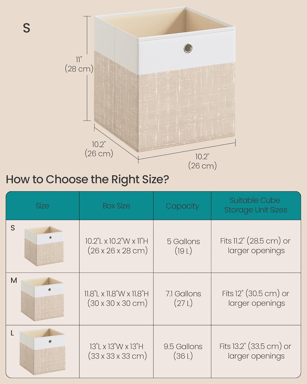 SONGMICS Storage Cubes - Set of 6 Foldable Fabric Organizer Boxes | Odorless, 10.2" x 10.2" x 11", Cloud White & Sand Beige