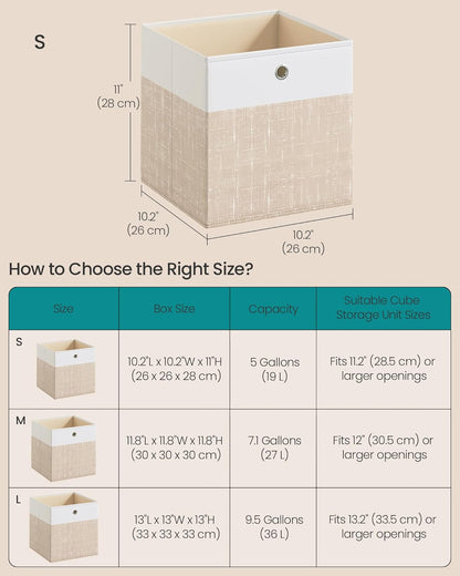 SONGMICS Storage Cubes - Set of 6 Foldable Fabric Organizer Boxes | Odorless, 10.2" x 10.2" x 11", Cloud White & Sand Beige