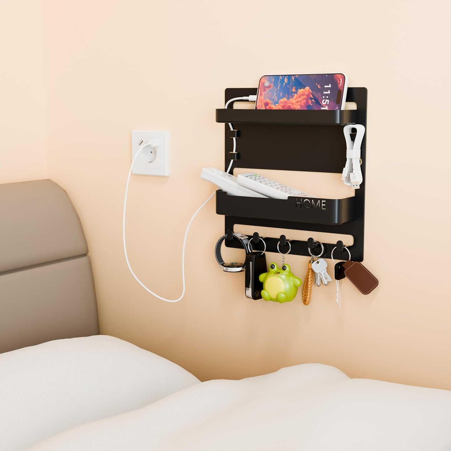 Yieach Bedside Shelf - Wall Mounted Floating Organizer for Remote & Phone | Black Dorm Room Decor