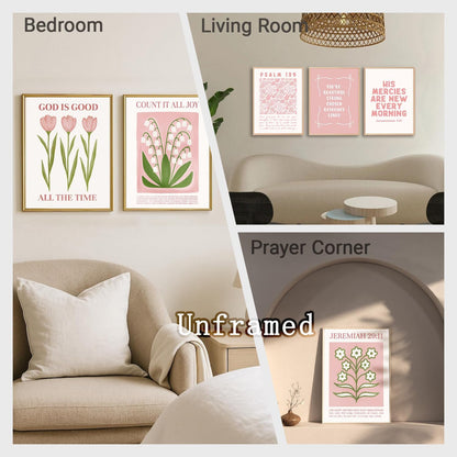 Regine Switzerland 6Pcs Pink Bible Verse Wall Art - Floral Scripture Quotes for Bedroom | 8x10 Inch Unframed