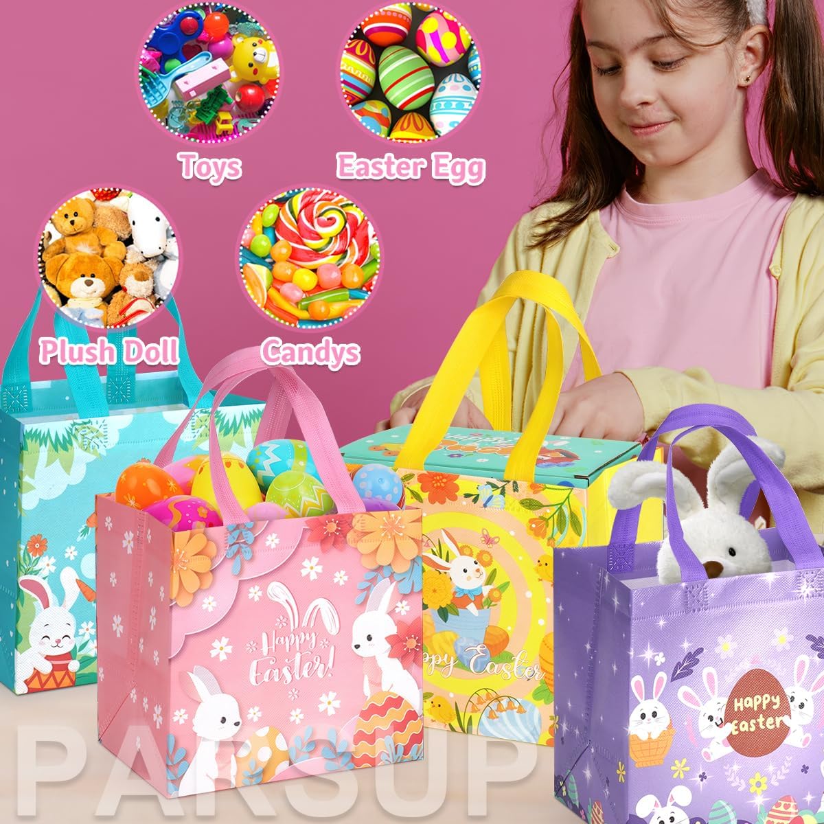 PARSUP 8 PACK Happy Easter Bunny Carrot Chick Egg Hunt Gift Treat Multifunctional Non-Woven Bags with Handles,Easter Party Supplies for Gifts Wrapping, 7.9×7.9×5.9inch