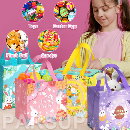 PARSUP 8 PACK Happy Easter Bunny Carrot Chick Egg Hunt Gift Treat Multifunctional Non-Woven Bags with Handles,Easter Party Supplies for Gifts Wrapping, 7.9×7.9×5.9inch