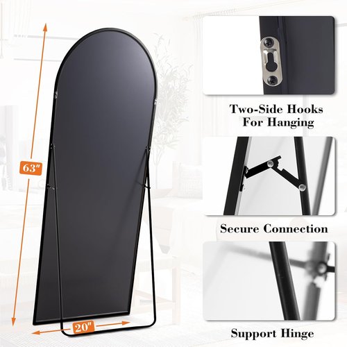DUMOS Arched Full Length Mirror - 63"x20" Free Standing Aluminum Frame | Modern Black Design