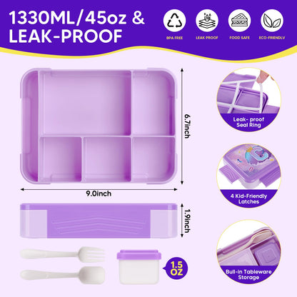 JYPS Bento Box for Kids with Leak-proof Insulated Lunch Bag,BPA Free Kids Lunch Box with 6 Compartment,Salad Container,Utensils,Perfect Lunchbox for Girls and Toddlers Back to School (Purple C)