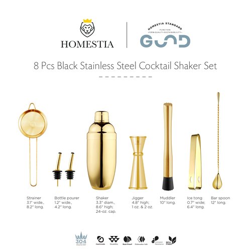 Homestia Cocktail Shaker Set, 8-Piece Stainless Steel Bartending Kit with 24oz Cocktail Shaker with Buit in Drink Strainer, Measuring Jigger, Mixing Spoon, Professional Bar Set for Bartender Home Use