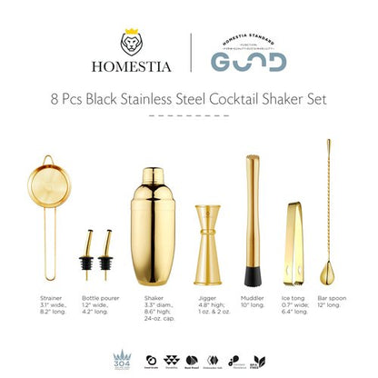 Homestia Cocktail Shaker Set, 8-Piece Stainless Steel Bartending Kit with 24oz Cocktail Shaker with Buit in Drink Strainer, Measuring Jigger, Mixing Spoon, Professional Bar Set for Bartender Home Use