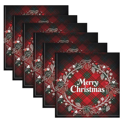 Christmas Monogram Wreath Plaid Cloth Napkins Set of 6, 20 x 20 in, Washable Polyester