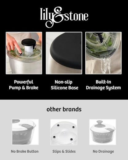 Lily&Stone Large Stainless Steel Salad Spinner - Quick Multi-Use Lettuce Dryer & Fruit Washer | 6.33 Qt