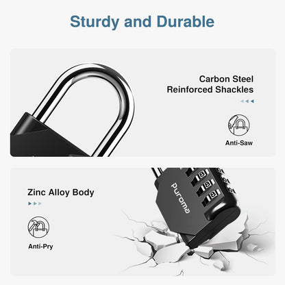 Puroma 4-Digit Waterproof Combination Lock - 2 Pack for School, Gym, Outdoor Use | Black