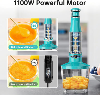 Skiennix Immersion Blender - 1100W Handheld Stick Mixer with Variable Speed, Chopper, Whisk & Frother - Cyan Blue
