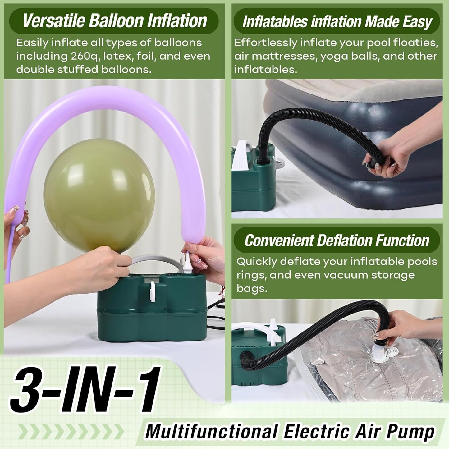 Skiennix 3-in-1 Electric Balloon Pump - Portable Dual Nozzle Inflator for Latex & Foil Balloons | 110V AC