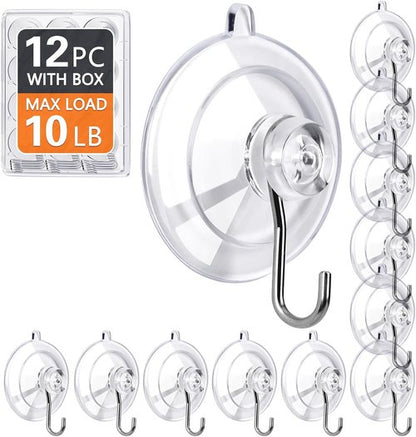KORCCI Suction Cup Hooks - 12 Pack, 10LB Max Load, Clear Medium Cups, No Trace & Reusable | Ideal for Tile & Glass